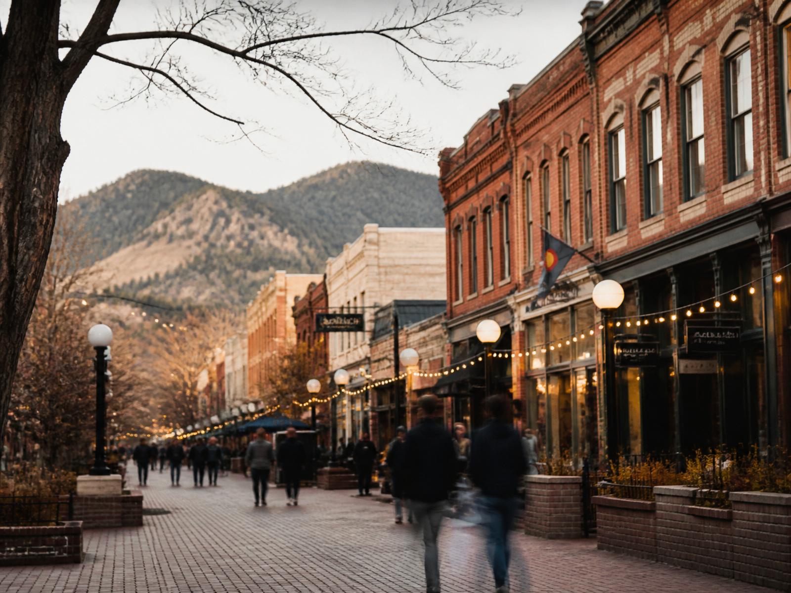 Historic Pearl Street in downtown Boulder, Colorado at dusk